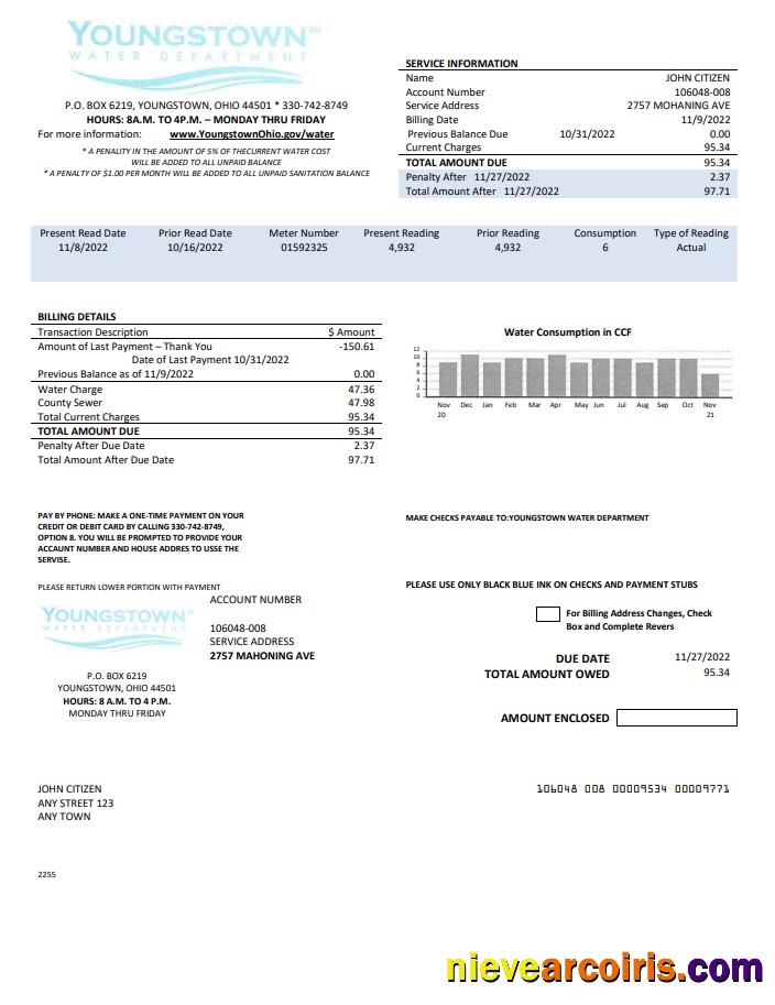 USA Youngstown Water Department utility bill